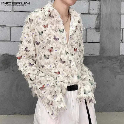 INCERUN Tops 2024 Korean Style Men's Personalized Printing Tassels Design Shirts Handsome Male Long Sleeved Lapel Blouse S-5XL