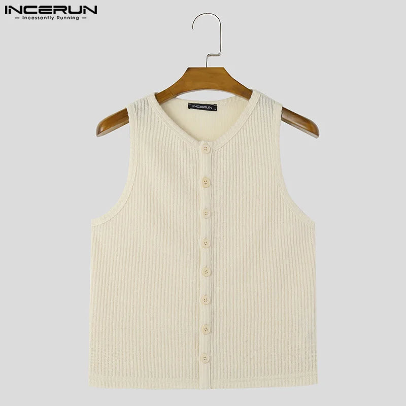 INCERUN Tops 2024 Korean Style New Men's Thick Pit Striped Knitted Vests Summer Streetwear Male Solid Sleeveless Tank Tops S-5XL