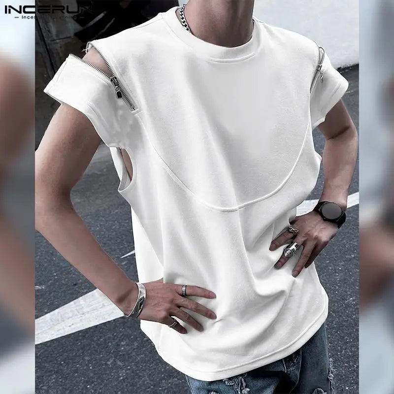 2024 Men T Shirt Solid Color Zipper O-neck Short Sleeve Streetwear Men Clothing Summer Korean Casual Male Tee Tops S-5XL INCERUN