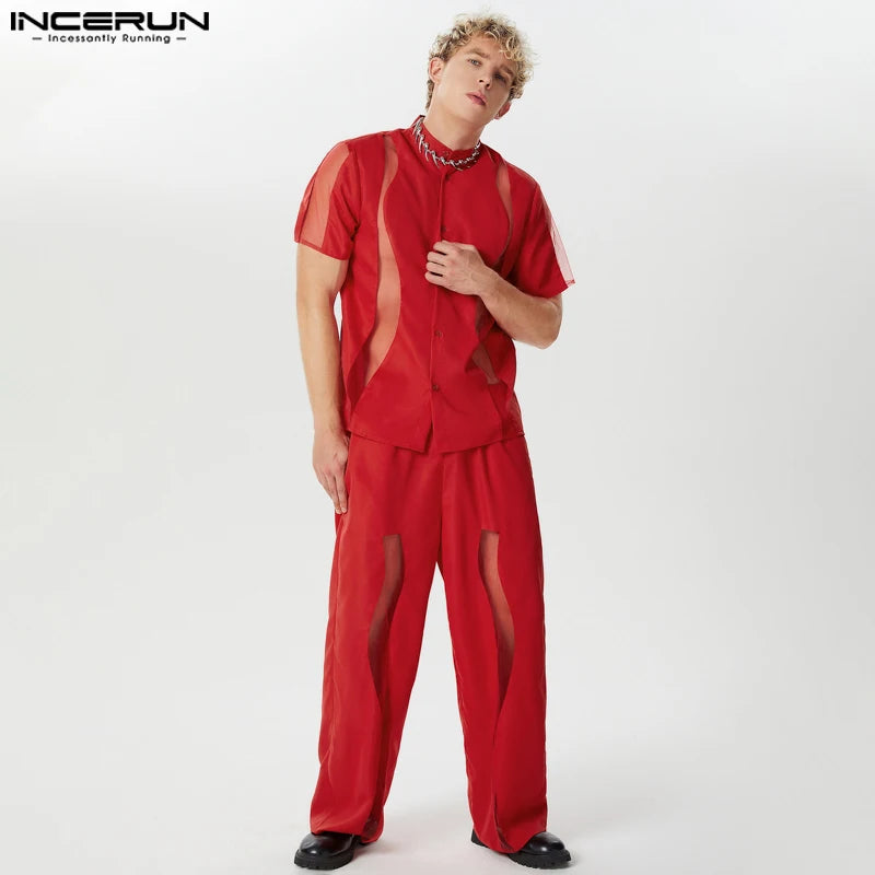 INCERUN 2024 Ensembles décontractés de style américain pour hommes Chemises à manches courtes Pantalons Mode Homme Irrégulier Épissage Maille Deux Pièces Ensembles S-5XL