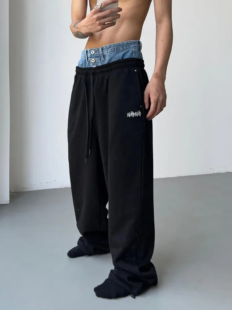 HOUZHOU Hip Hop Gris Pantalon de survêtement Pantalon de sport Bouton Jean Pantalon taille élastique Pantalon ample Y2K Pantalon de sport décontracté Joggers