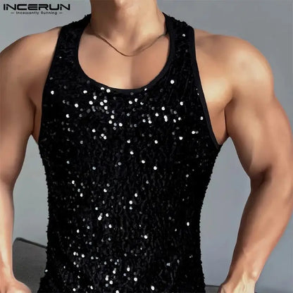 INCERUN Tops 2024 American Style Mens Pearl Glitter Design Vests Casual Sport Streetwear Male Hot Selling O-neck Tank Tops S-5XL