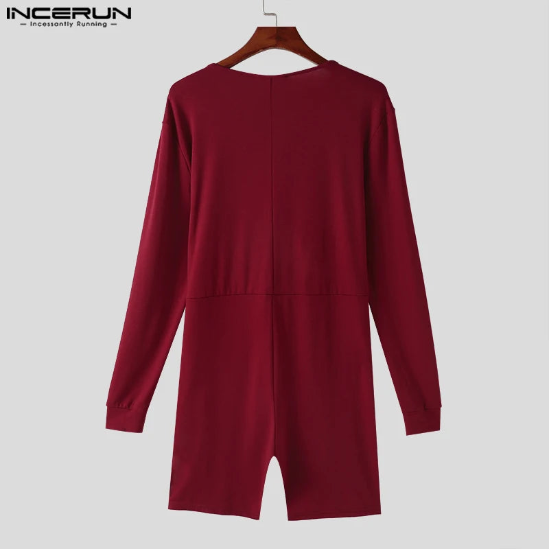 INCERUN 2024 Sexy Men Rompers Open Front Solid Knitted Long Sleeved Jumpsuits Male Comfortable O-Neck Flat Angle Bodysuits S-5XL