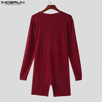 INCERUN 2024 Sexy Men Rompers Open Front Solid Knitted Long Sleeved Jumpsuits Male Comfortable O-Neck Flat Angle Bodysuits S-5XL