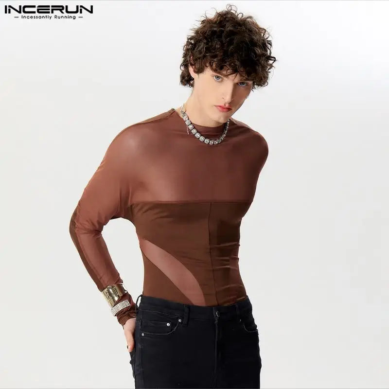 INCERUN 2024 Sexy Fashion Mens Jumpsuits See-through Mesh Deconstruction Design Splicing Long Sleeved Triangular Bodysuits S-3XL