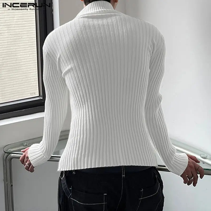 INCERUN 2023 Men T Shirts Solid Knitted Zipper Turtleneck Long Sleeve Casual Men Clothing Streetwear Autumn Fashion Tee Tops