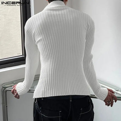 INCERUN 2023 Männer T Shirts Solide Strick Zipper Rollkragen Langarm Casual Männer Kleidung Streetwear Herbst Mode T Tops