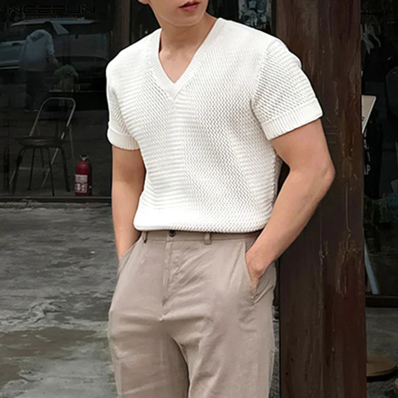 INCERUN Tops 2024 Korean Style Handsome Men's V-neck Hollow Mesh Knitted T-shirts Summer Streetwear Short Sleeved Camiseta S-5XL