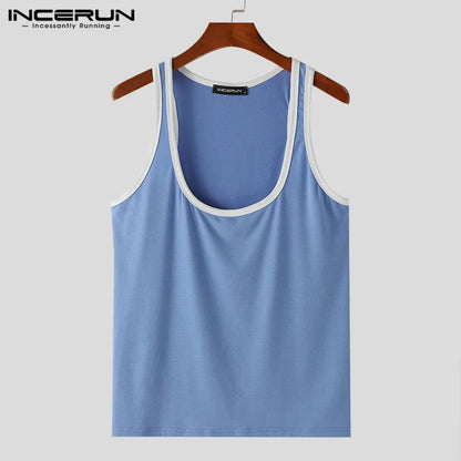 INCERUN Tops 2024 Amerikanischen Stil Neue Herren Kontrast Farbe Patchwork Große Tank Tops Lässig Bequeme Männliche U-ausschnitt Westen S-5XL