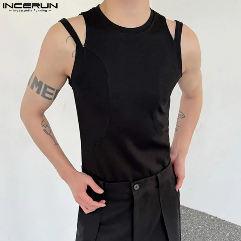 INCERUN Tops 2024 Koreanischen Stil Männer Solide Strick Hohl Design Westen Casual Streetwear Einfache Männliche Ärmellose Tank Tops S-5XL