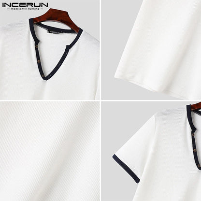 INCERUN Tops 2024 American Style Stylish New Men's Patchwork Line Design T-shirt Summer Male V-neck Short Sleeved Camiseta S-5XL