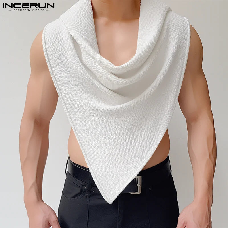 INCERUN Tops 2024 American Style New Men Fashion Texture Pile Up Collar Vests Casual Streetwear Solid Sleeveless Tank Tops S-5XL