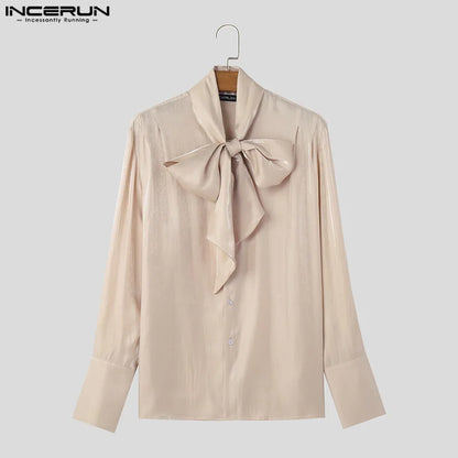 Casual Simple Tops INCERUN Men Ribbon Pleated Glitter Design Shirts Handsome Male Solid All-match Long Sleeved Blouse S-5XL 2024