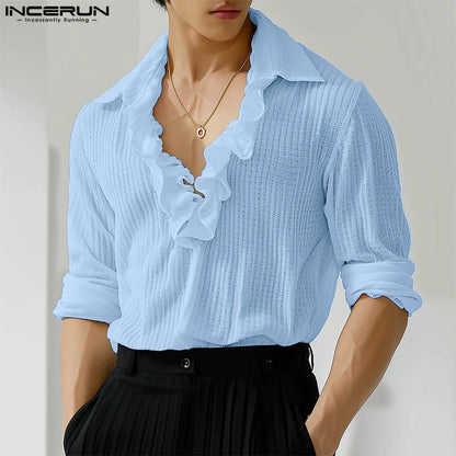 Fashion Casual Style Tops INCERUN Men Solid Ruffle Edge Splicing Shirt Stylish Clubwear Men Long Sleeved Lapel Blouse S-5XL 2024