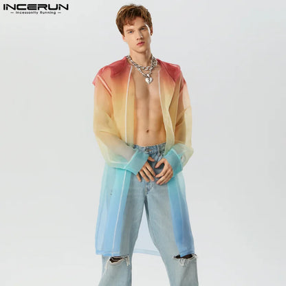 Handsome Well Fitting Tops INCERUN New Men's Gradient Mesh Hooded Cardigan Trench Casual Sexy Male Hot Selling Trench S-5XL 2023