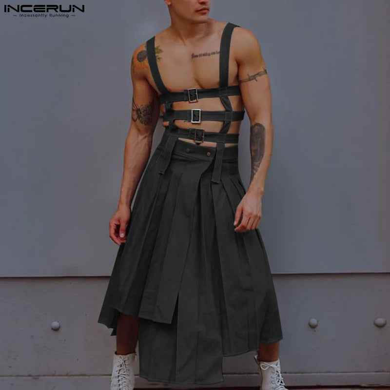 2023 Men Irregular Skirts Jumpsuits Solid Hollow Out Straps Rompers Men Pants Streetwear Personality Male Skirts S-5XL INCERUN