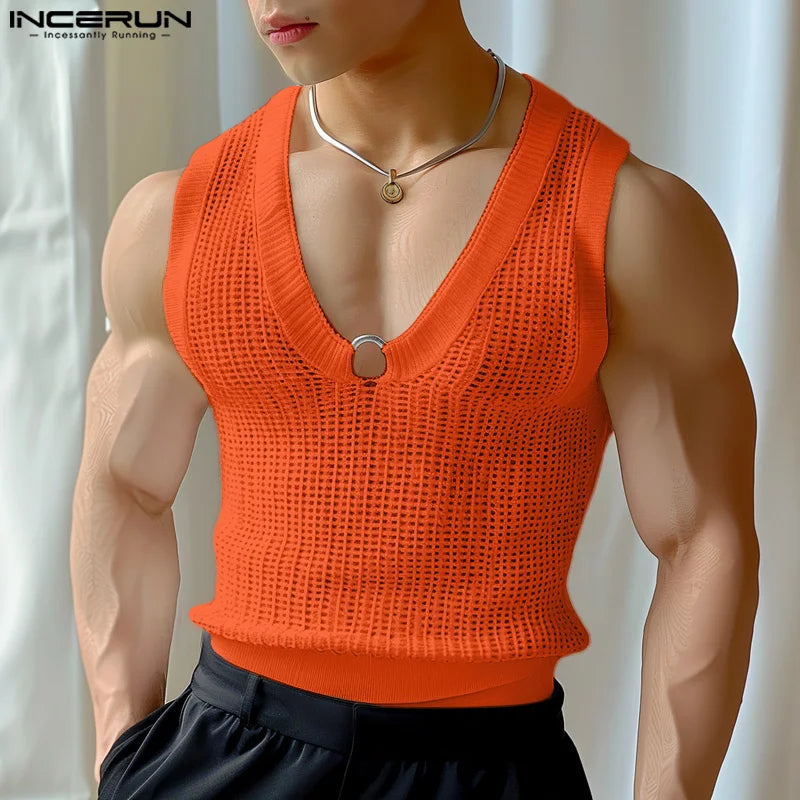 INCERUN Tops 2024 Korean Style Men's Mesh Hollow Metal Decorative Vests Summer Casual Streetwear Hot Sale V-neck Tank Tops S-5XL