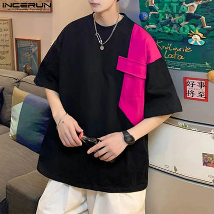 Fashion Casual Style Tops INCERUN Men's Color Block Splicing T-shirts Summer Streetwear Loose Short Sleeved Camiseta S-5XL 2024