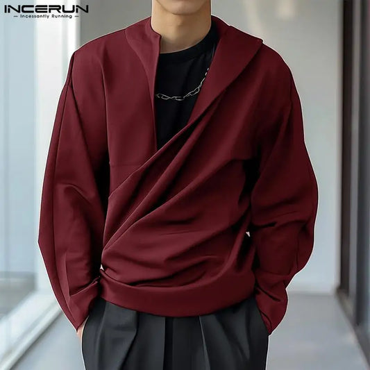 INCERUN 2024 Men's Shirts Cowl Neck Solid Long Sleeve Tops Spring Autumn Casual Streetwear Male Ruffled Tops Men Clothing S-5XL