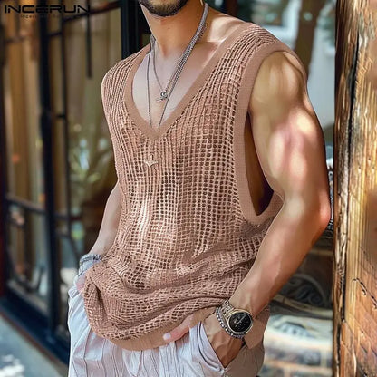 Fashion Casual Style Tops INCERUN Men's Hollow Knitted Design Vests Summer Male Hot Sale Comfortable V-neck Tank Tops S-5XL 2024