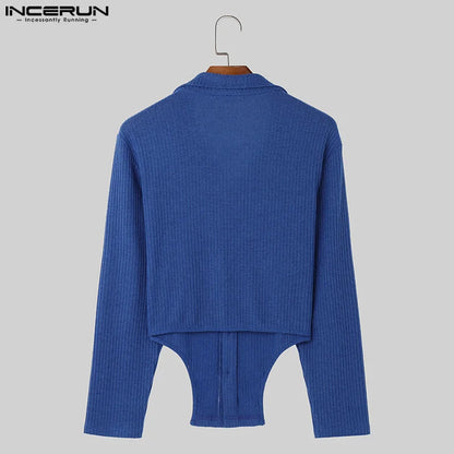 Fashion Casual Style Tops INCERUN New Men's Knitted Striped Irregular Hem Shirts Male Sexy Solid Color Long Sleeved Blouse S-5XL