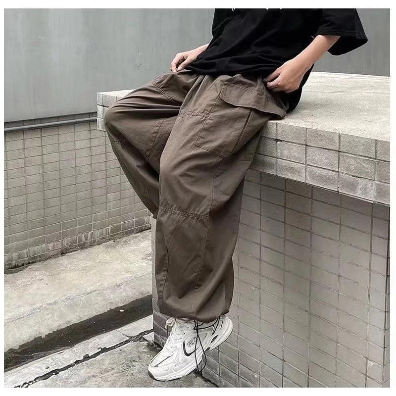 HOUZHOU Vintage Baggy Cargo Pants Men Cotton Wide Leg Trousers Male Oversize Retro Loose Casual Japanese Streetwear Hip Hop