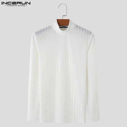 INCERUN Men T Shirt Striped Mesh Patchwork Turtleneck Long Sleeve Men Clothing Streetwear 2024 See Through Fashion Camsietas