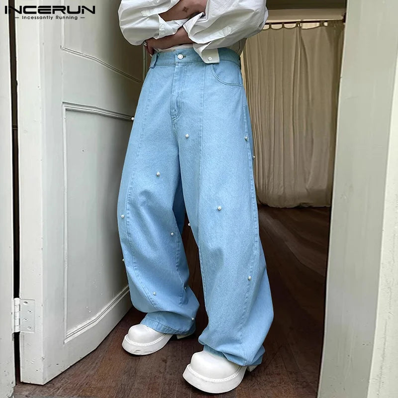 INCERUN 2024 Korean Style Trousers Stylish Men's Pearl Decorative Design Long Pant Leisure Streetwear Male Solid Pantalons S-5XL