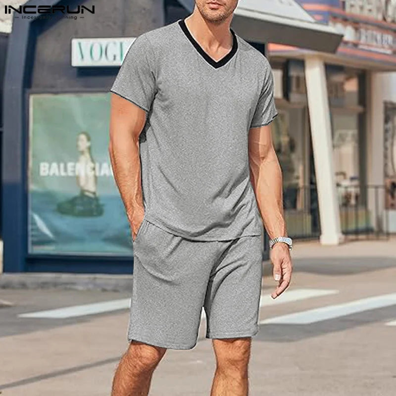 INCERUN 2024 American Style Sets Stylish Men's Short Sleeved T-shirts Shorts Casual Loose V-neck Streetwear Suit 2 Pieces S-5XL