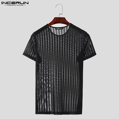 INCERUN Tops 2024 Sexy Hommes Serrés Rayés Transparents T-shirts Mode Fête Clubwear Mince O-cou Manches Courtes Camiseta S-5XL