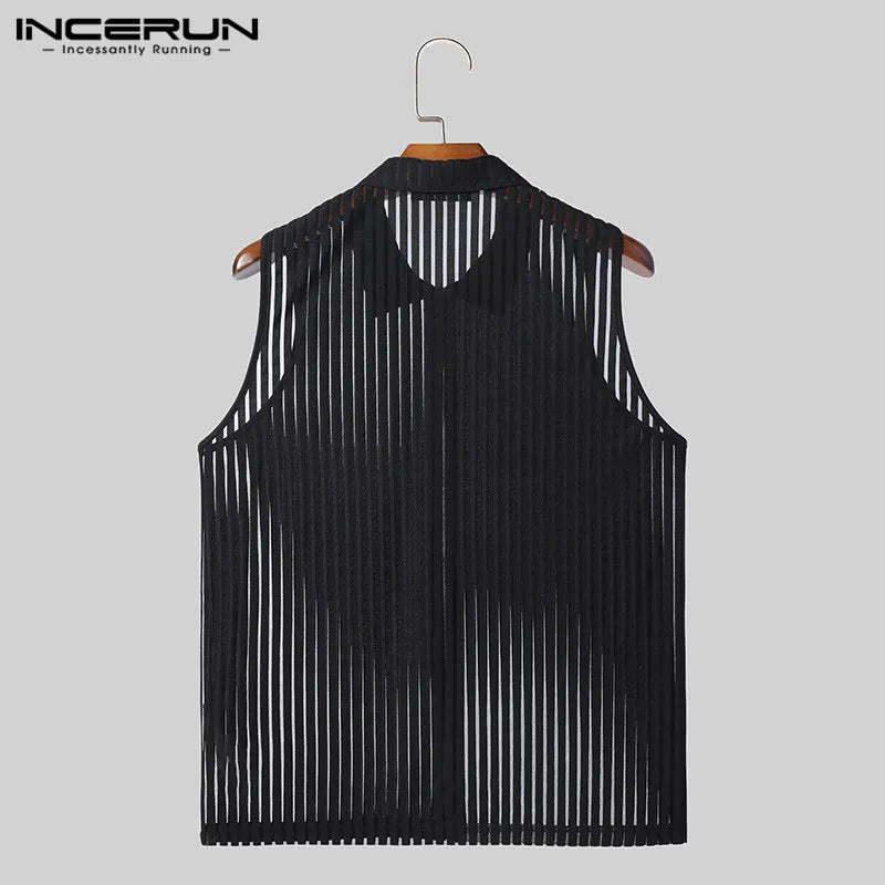 2024 männer Tank Tops Striped Mesh Revers Sleeveless Zipper Männlichen Westen Transparent Streetwear Sommer Mode Männer Kleidung INCERUN