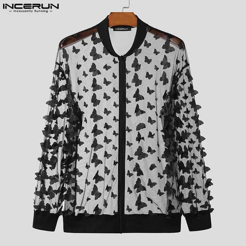 INCERUN Tops 2024 American Style Fashion New Men's Personality Pattern Mesh Shirts Casual Hot Selling Long Sleeved Blouse S-5XL