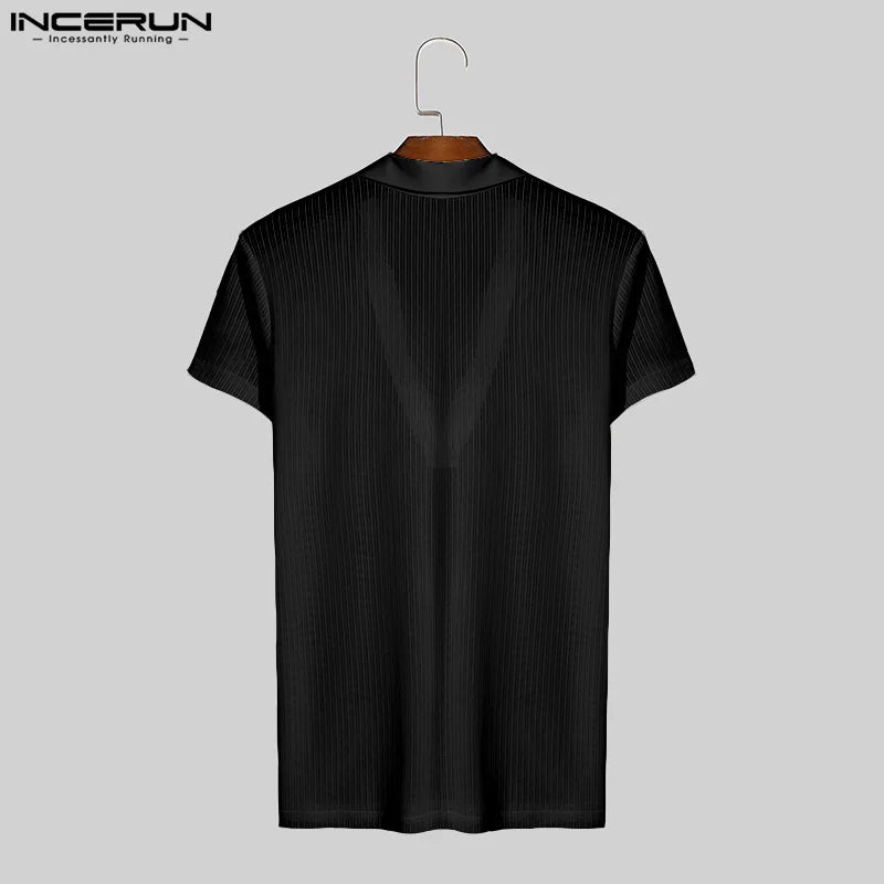 Men's T Shirt Striped Transparent V Neck Short Sleeve Summer Men Clothing Streetwear Sexy Fitness 2024 Fashion Tee Tops INCERUN