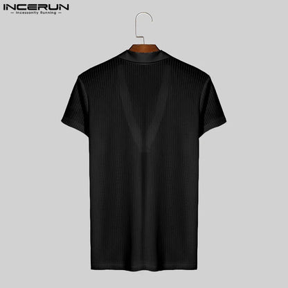 T-shirt à rayures pour hommes, transparent, col en V, manches courtes, vêtements d'été pour hommes, streetwear, sexy, fitness, mode 2024, t-shirts INCERUN