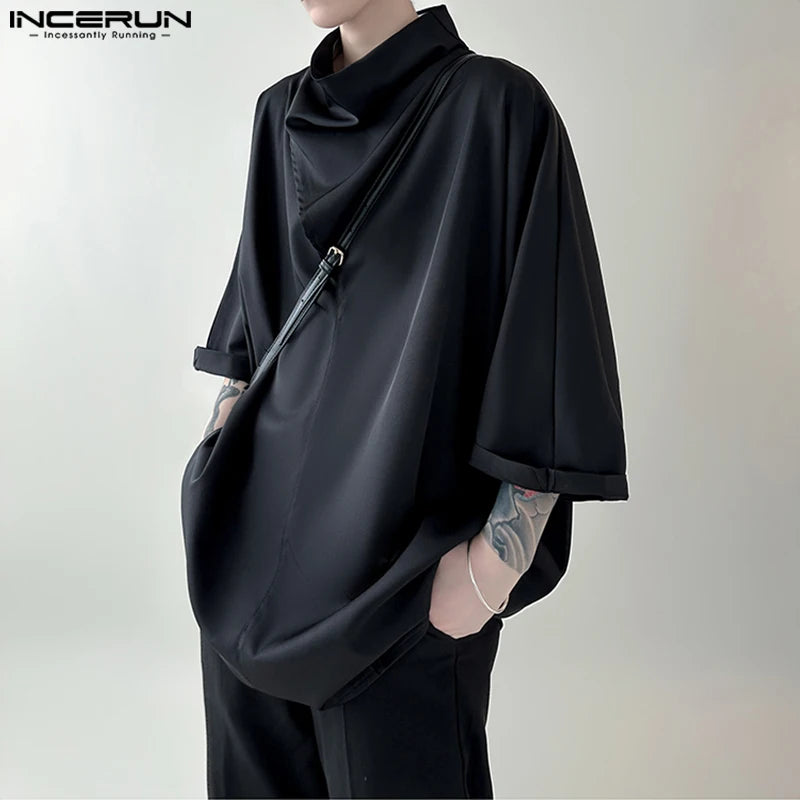 2023 Men Shirt Solid Color Turtleneck 3/4 Sleeve Loose Casual Men Clothing Streetwear Korean Fashion Irregular Shirts INCERUN