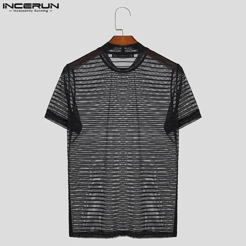 INCERUN Sommer Kurzarm Herren T-Shirts Rundhals Kurzarm Mesh Gestreifte T-Shirts Chemise Übergröße Herren Kleidung S-5XL