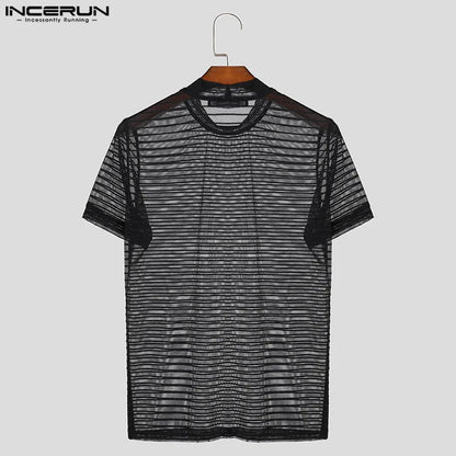 INCERUN Summer Short Sleeve Men T-Shirts Round Neck Short Sleeve Mesh Striped T Shirts Chemise Oversize Men Clothing S-5XL