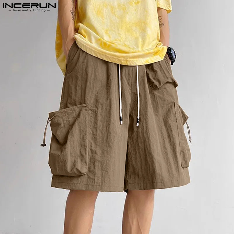 INCERUN 2024 Korean Style Shorts New Men Cargo Pockets Elastic Waist Drawstring Shorts Summer Stylish Solid Cropped Shorts S-5XL