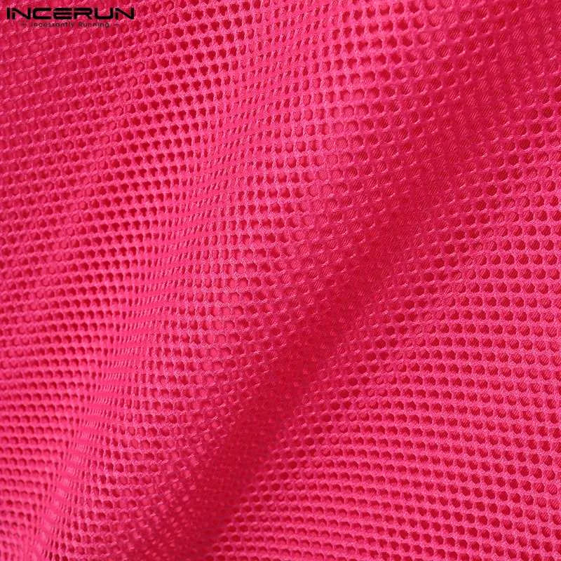 INCERUN Tops 2024 American Style Fashion Mens Rose Red Mesh T-shirts Casual Sexy Party Shows V-neck Short Sleeved Camiseta S-2XL