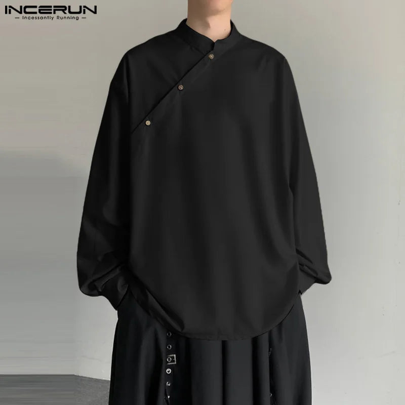 INCERUN Tops 2024 Korean Style Men's Stand Collar Slanted Placket Design Shirt Casual Streetwear Solid Long Sleeved Blouse S-5XL