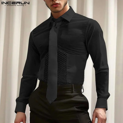 INCERUN Tops 2024 Style américain Nouveaux hommes Mesh Splicing Déconstructif Design Chemises Casual Solide Mince Chemisier à manches longues S-5XL