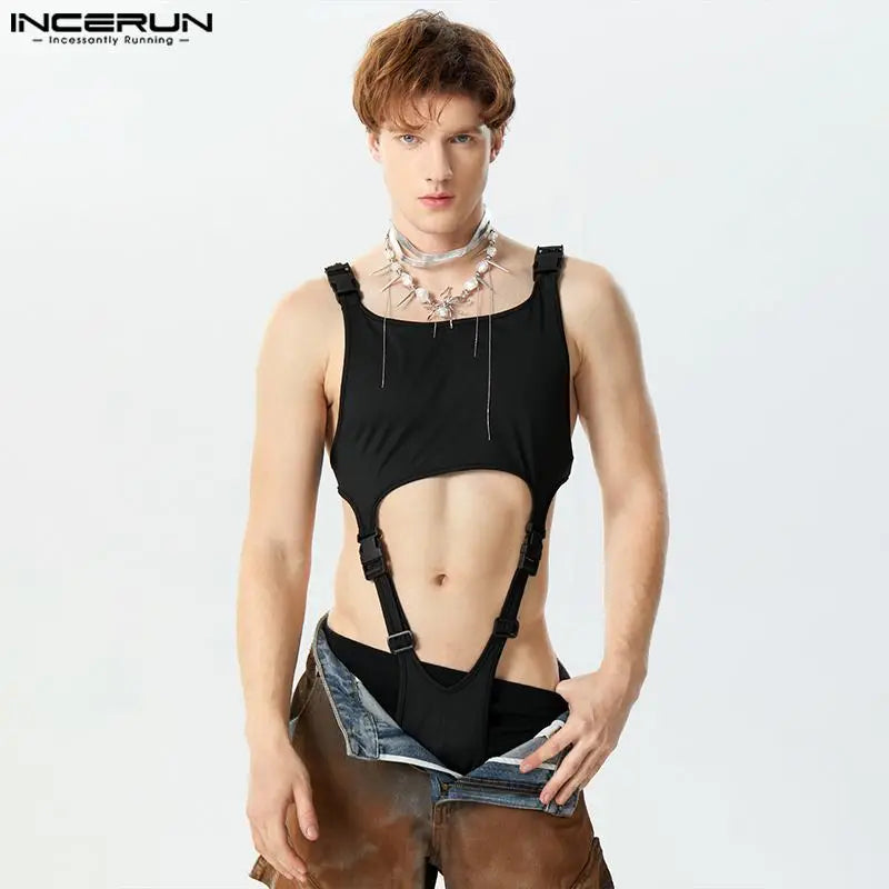 INCERUN 2024 Sexy Style Rompers Clothing Mens Solid Buckle Design Jumpsuits Fashion Hollowed Out Thin Sleeveless Bodysuits S-5XL