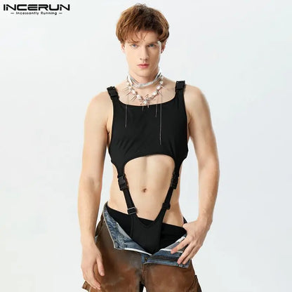 INCERUN 2024 Sexy Stil Strampler Kleidung Herren Solide Schnalle Design Overalls Mode Ausgehöhlt Dünne Ärmellose Bodys S-5XL