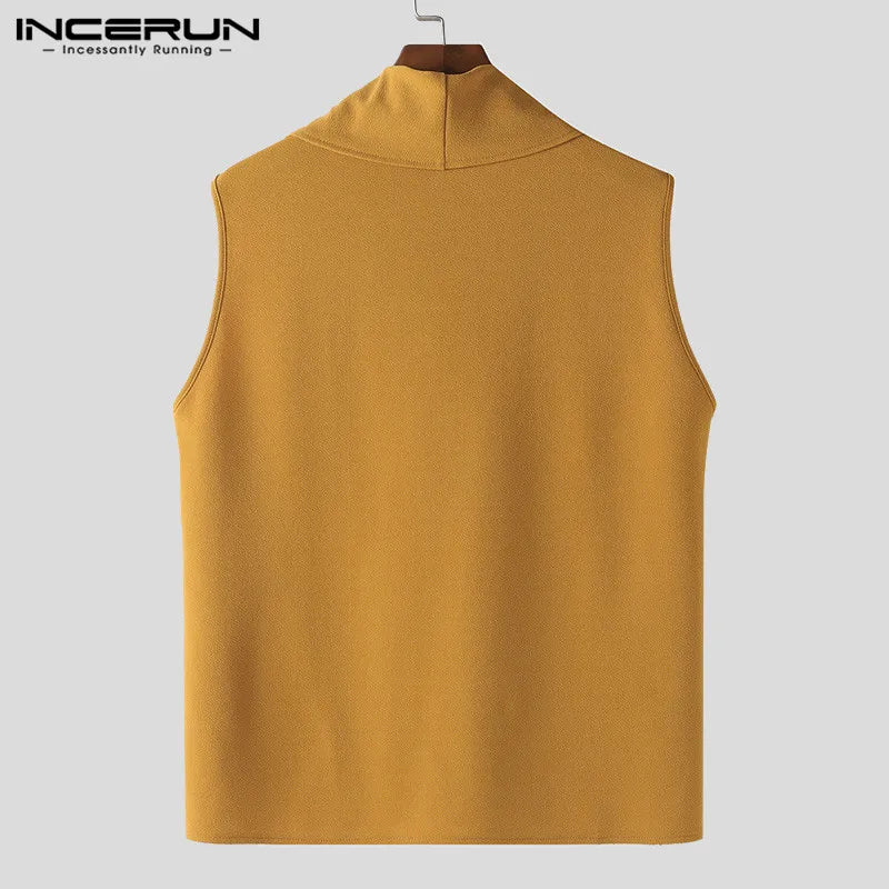 INCERUN Tops 2024 Korean Style Fashion New Men's Pile Neck Vests Casual Streetwear Solid Well Fitting Sleeveless Tank Tops S-5XL