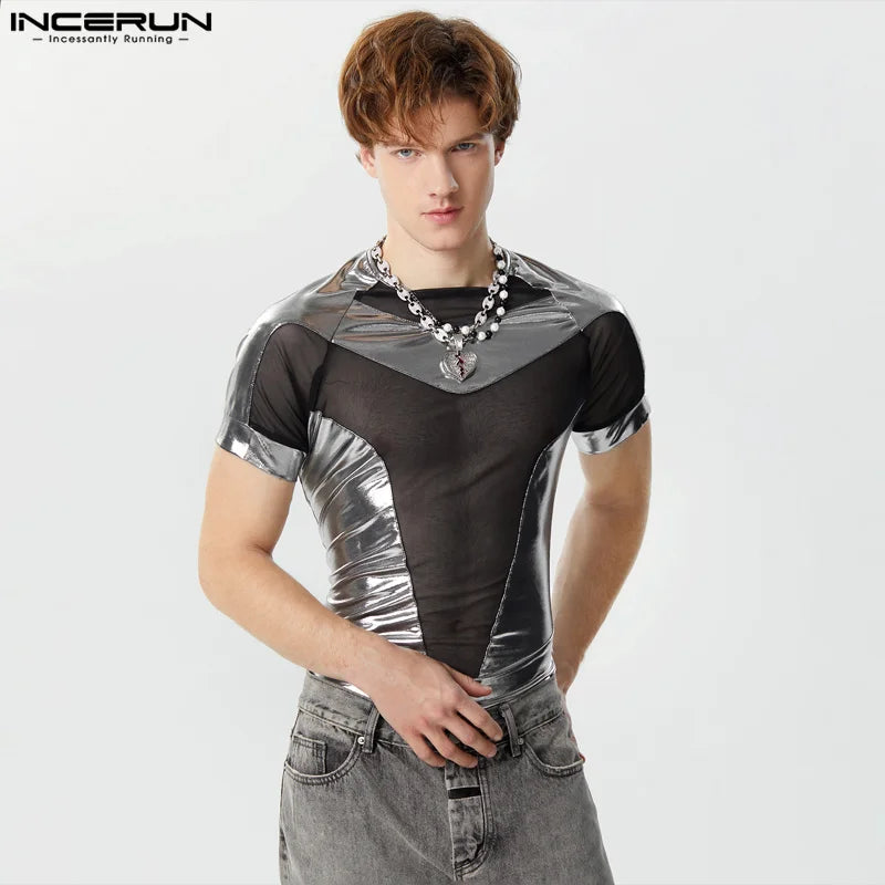 2024 Men's Bodysuits Mesh Patchwork Shiny Transparent O-neck Short Sleeve Male Rompers Streetwear Fashion Bodysuit S-3XL INCERUN