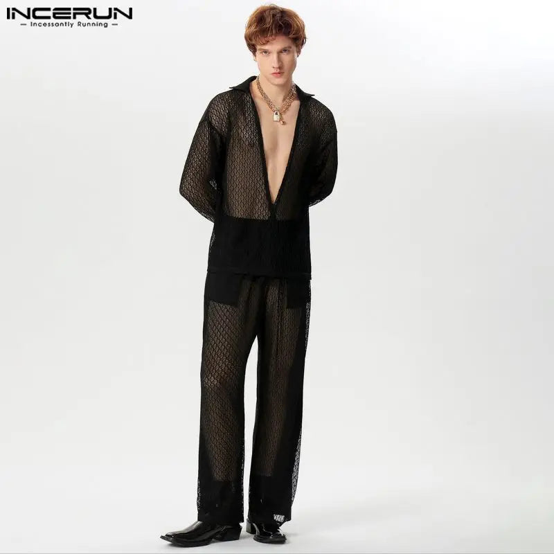 INCERUN 2024 American Style Sexy Men's Sets Lace Hollow Tops Long Pants Casual Party Shows Male Hot Selling Suit 2 Pieces S-5XL