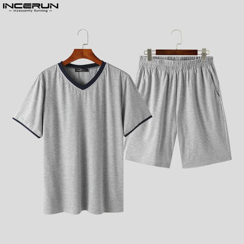 INCERUN 2024 American Style Sets Stylish Men's Short Sleeved T-shirts Shorts Casual Loose V-neck Streetwear Suit 2 Pieces S-5XL