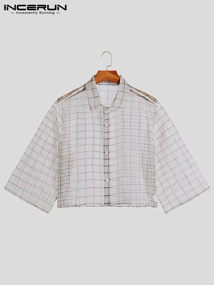 INCERUN Männer Hemd Plaid Mesh Transparent 2023 Revers 3/4 Ärmel Sexy Casual Männer Kleidung Streetwear Lose Taste Mode Camisas