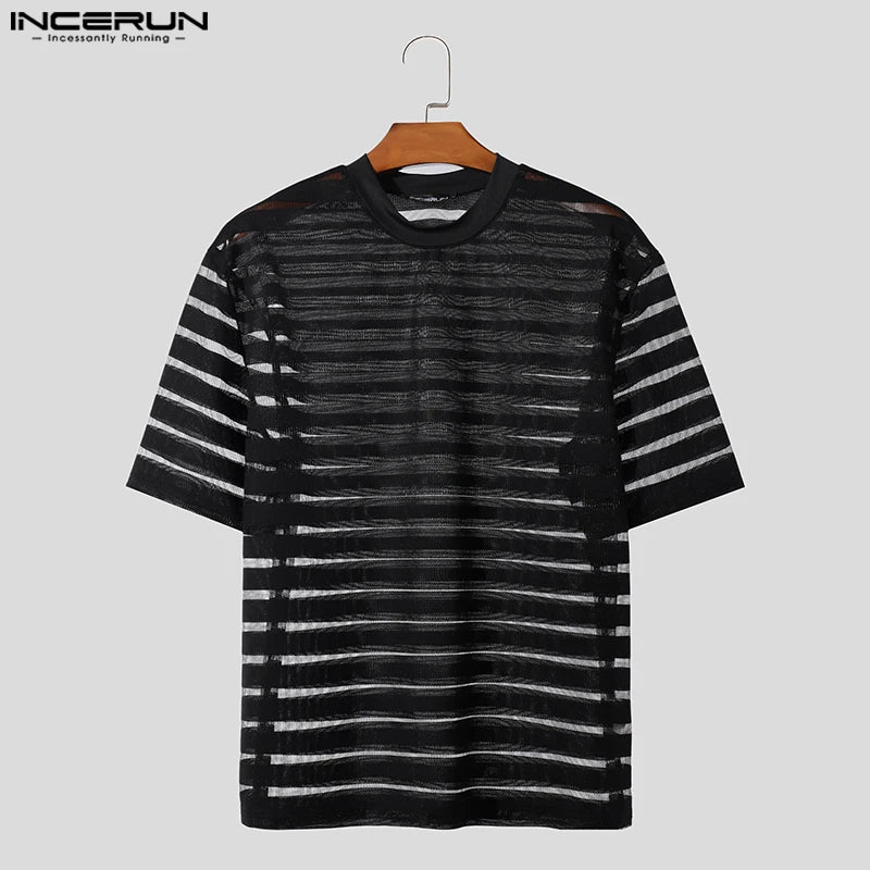 2023 männer T Shirt Mesh Striped Oansatz Kurzarm Transparent Männer Kleidung Streetwear Sexy Koreanische Mode T Tops S-5XL INCERUN