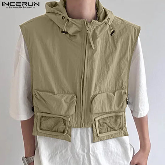 Stylish Casual Style Tops INCERUN Men Thin Cropped Zippered Hooded Design Vests Male Streetwear Solid Sleeveless Waistcoat S-5XL